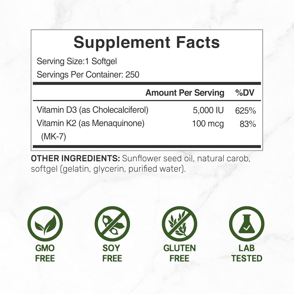Vitamin D3 5000 IU with K2, Bone & Immune Support Softgels