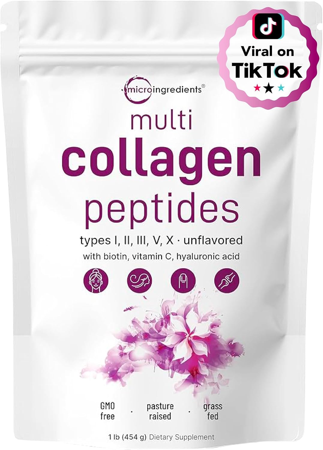 Container of 8-in-1 multi collagen peptides powder with hyaluronic acid, unflavored, 16 oz