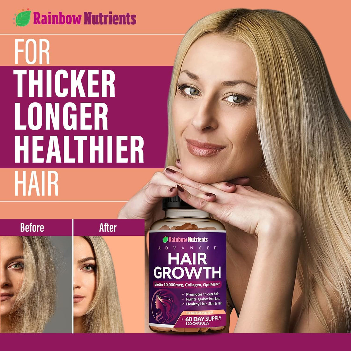 Hair Growth Vitamins for Women, Biotin 10000mcg & Collagen, 120ct