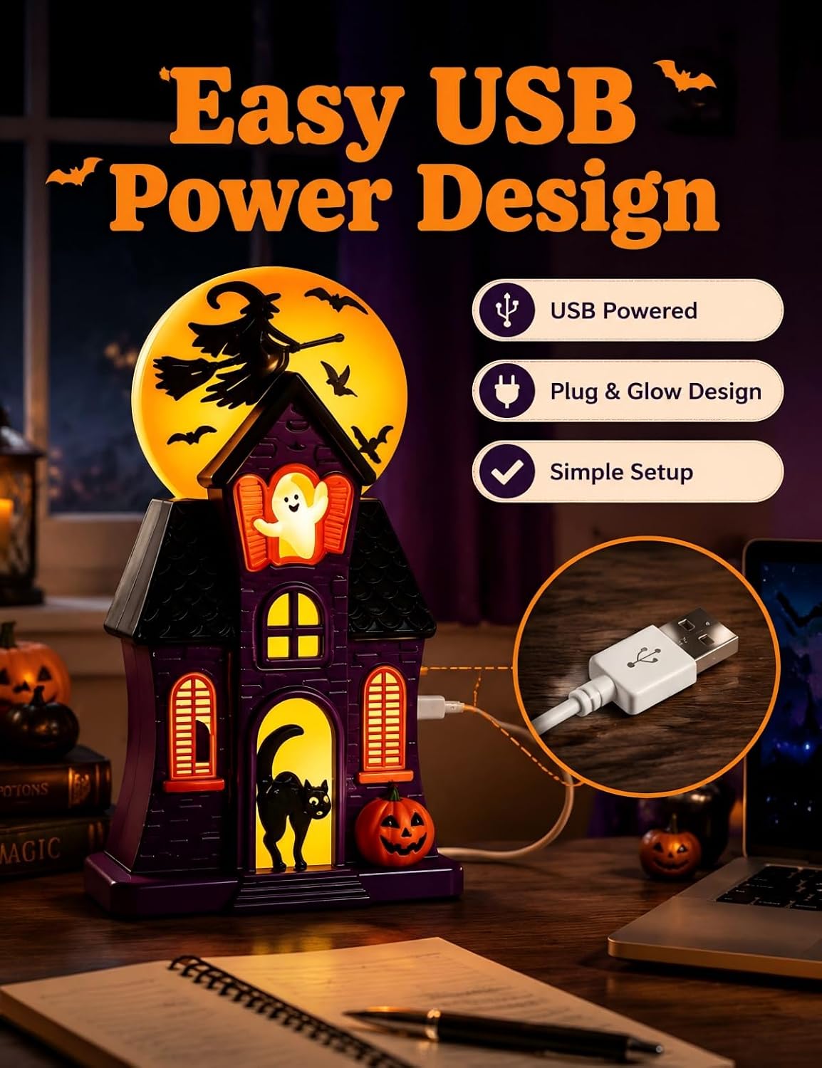 Halloween Haunted House Lamp – LED Resin Tabletop Decoration with USB