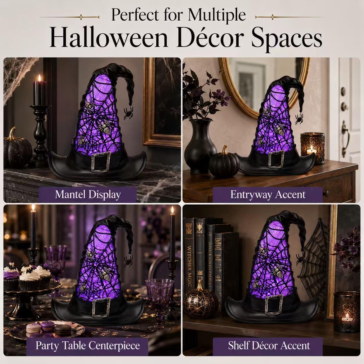 Witch Hat Halloween Centerpiece, Light Up Glitter Lamp Decor