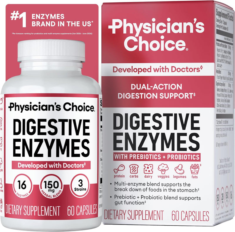 Bottle of digestive enzyme capsules with probiotics and prebiotics, 60 count