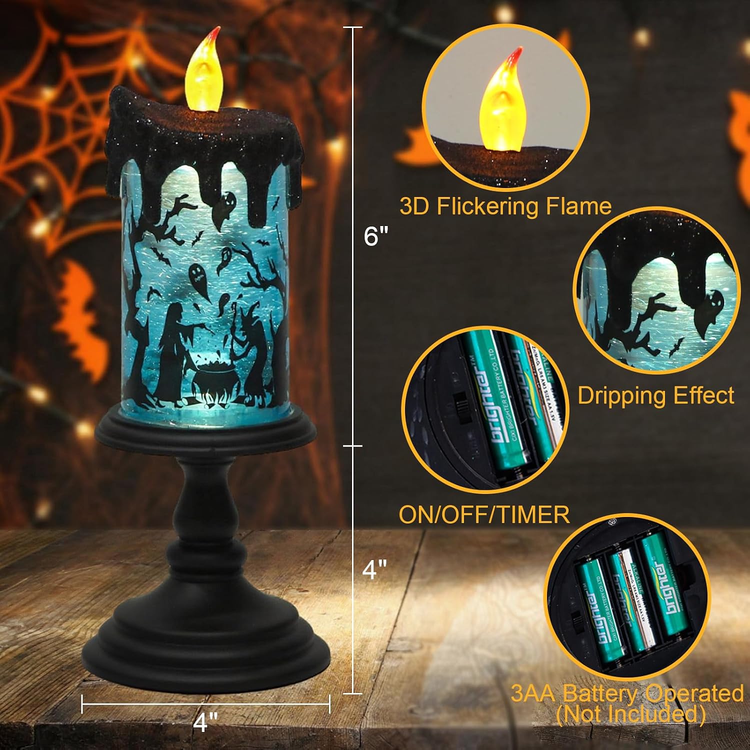 Halloween Snow Globe Candle – Witch LED Flameless Candle with Timer & Glitter