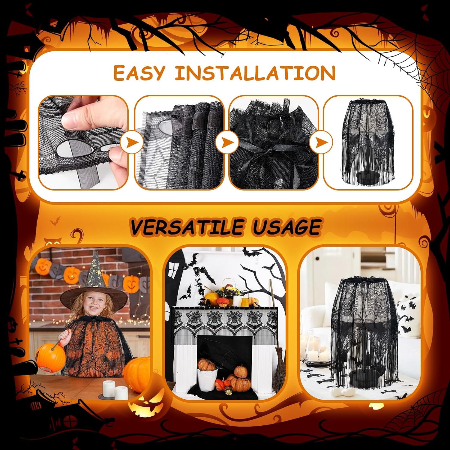Halloween Skull & Bat Lampshade – Large 60" Black Linen Gothic Decor