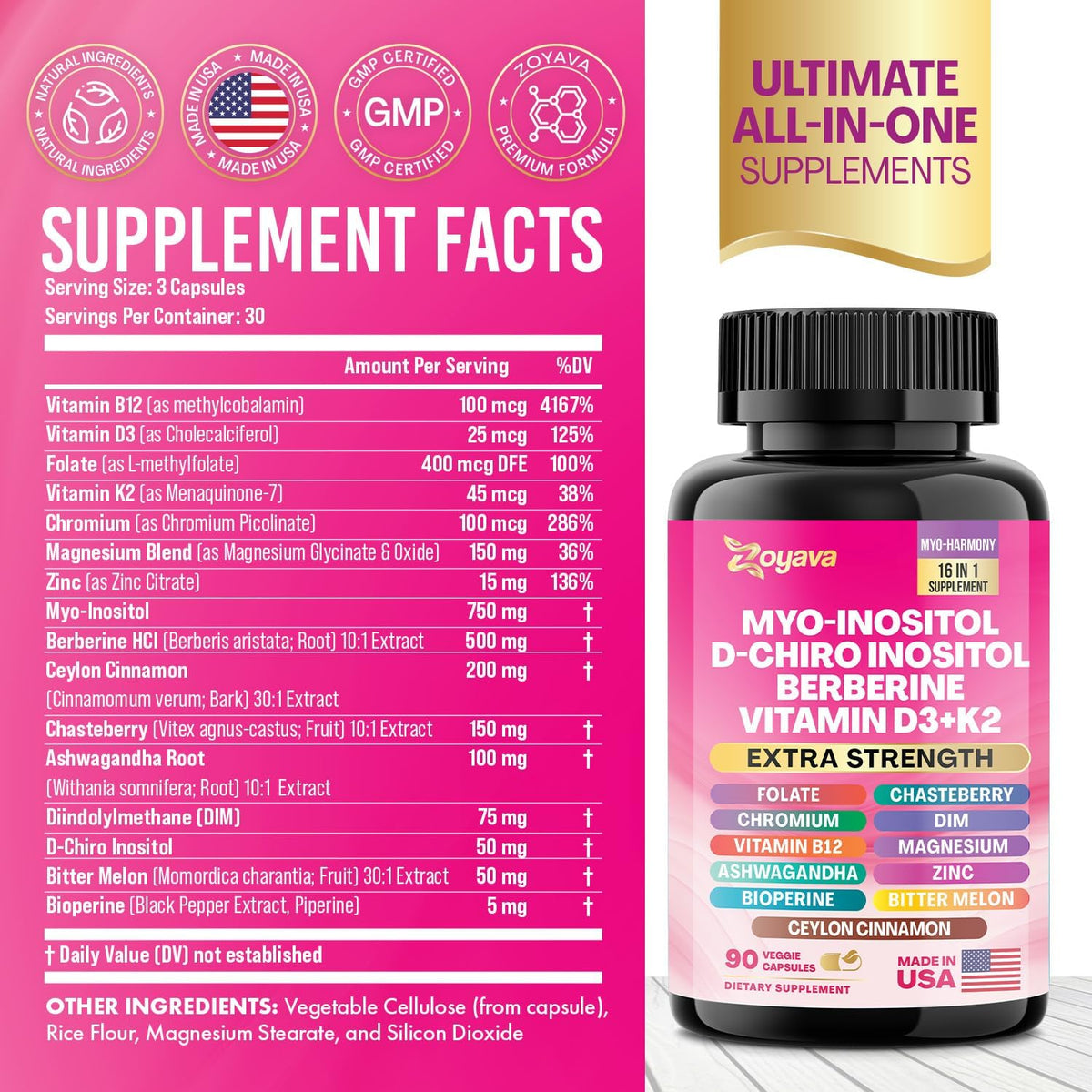 Myo-Inositol 16-in-1 Supplement, Hormone Support for Women, 180ct (2 Pack)
