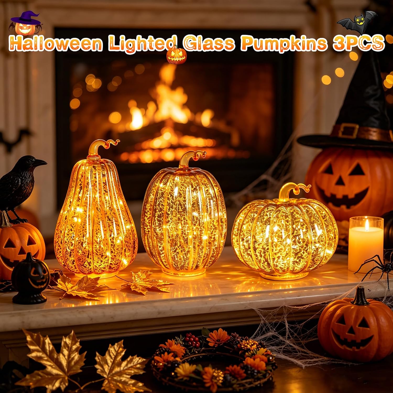 Glass Pumpkin Lights Set of 3, Timer Fall Halloween Table Lamps