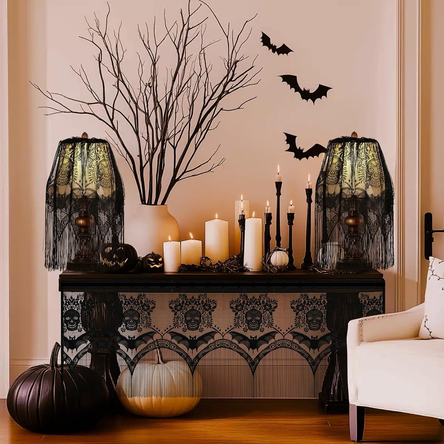 Halloween Skull & Bat Lampshade – Large 60" Black Linen Gothic Decor