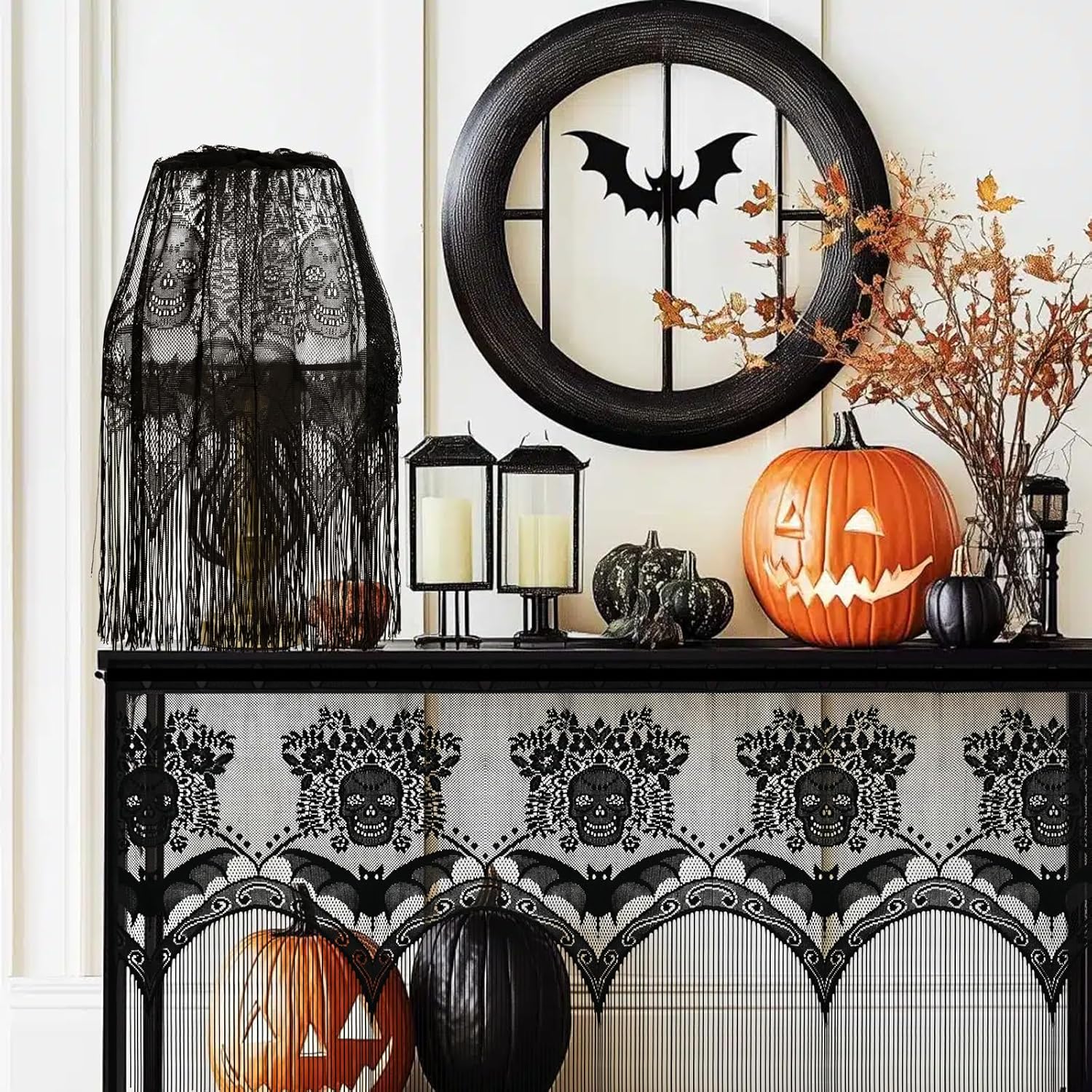 Halloween Skull & Bat Lampshade – Large 60" Black Linen Gothic Decor
