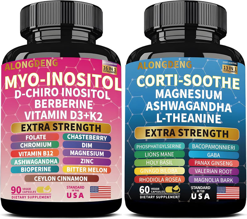 Bundle of magnesium ashwagandha and D-chiro inositol supplements for calm and hormone support