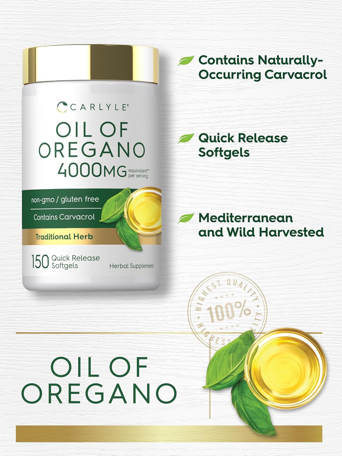 Oregano Oil Softgels, High Potency with Carvacrol, Daily Wellness