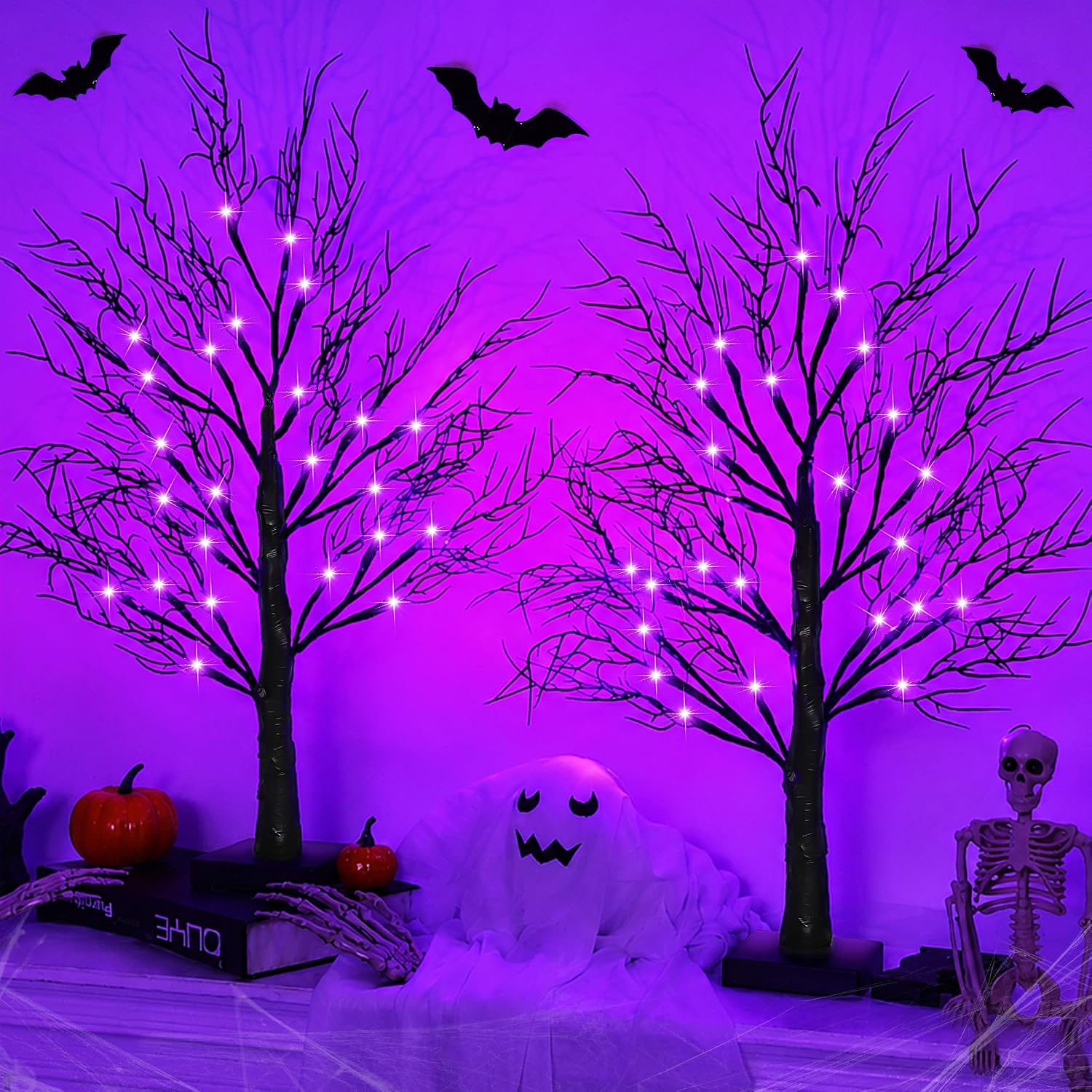 Light Up Halloween Trees Set of 2, LED Tabletop Spooky Decor