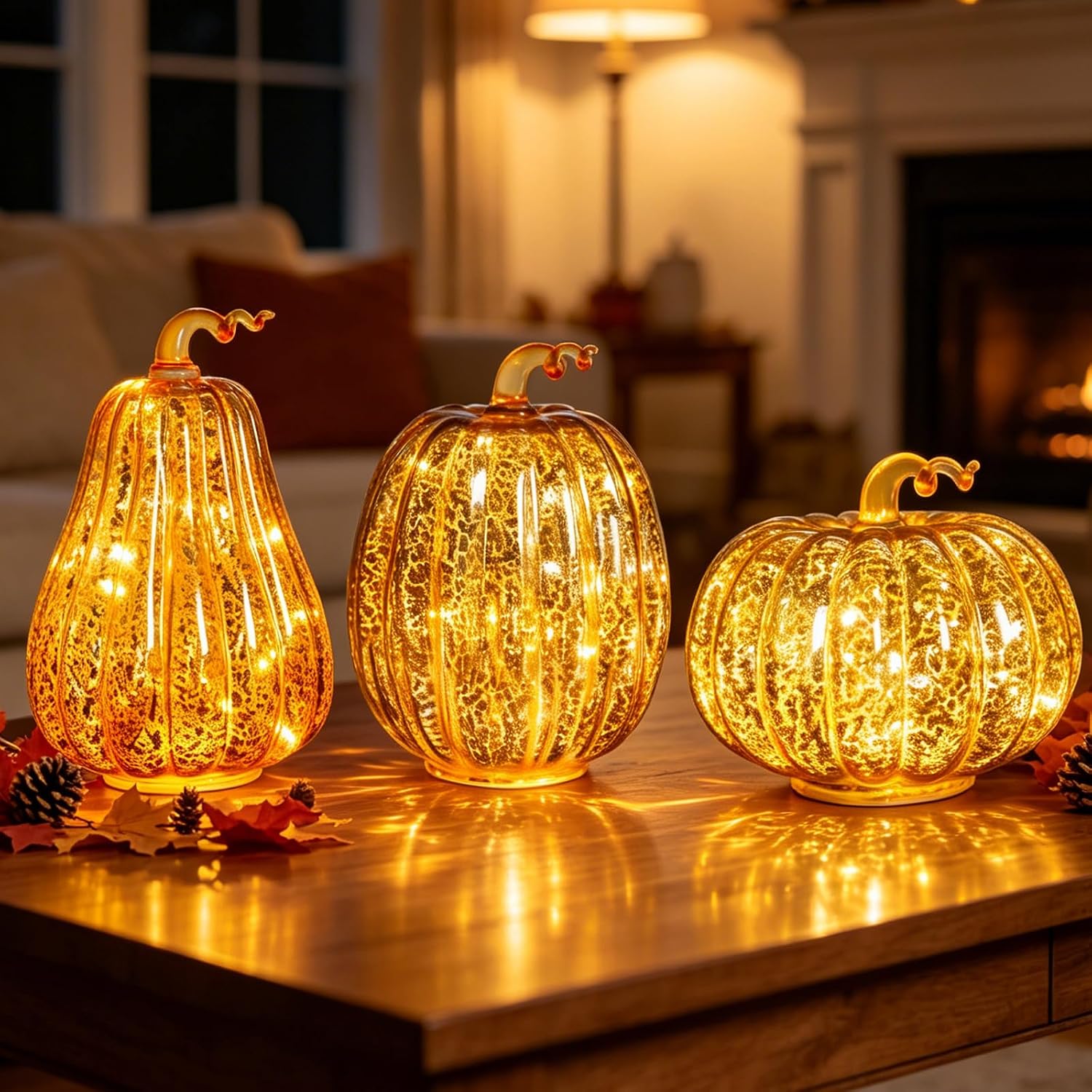 Set of 3 glass pumpkin lamps with built-in timer for fall Halloween decor