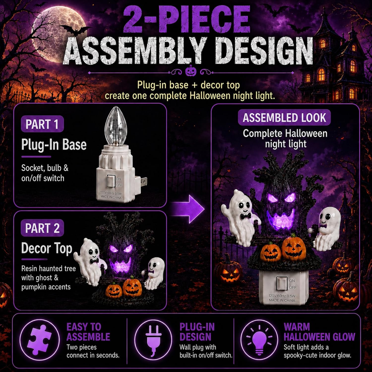 Halloween Plug-In Night Light – Animated Seesaw Ghosts with Jack-o'-Lantern