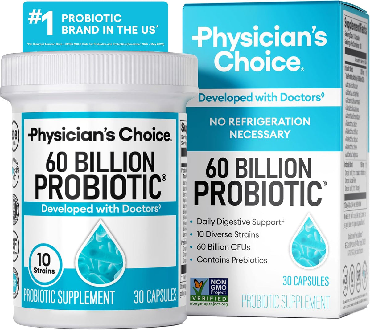 Bottle of 60 billion CFU probiotic capsules for gut and digestive support, 30 count
