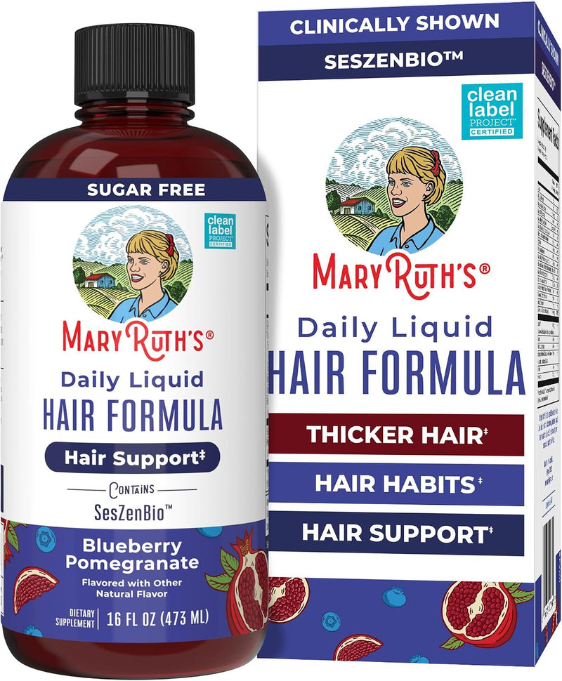 Bottle of liquid hair growth supplement for women with biotin, berry pomegranate flavor