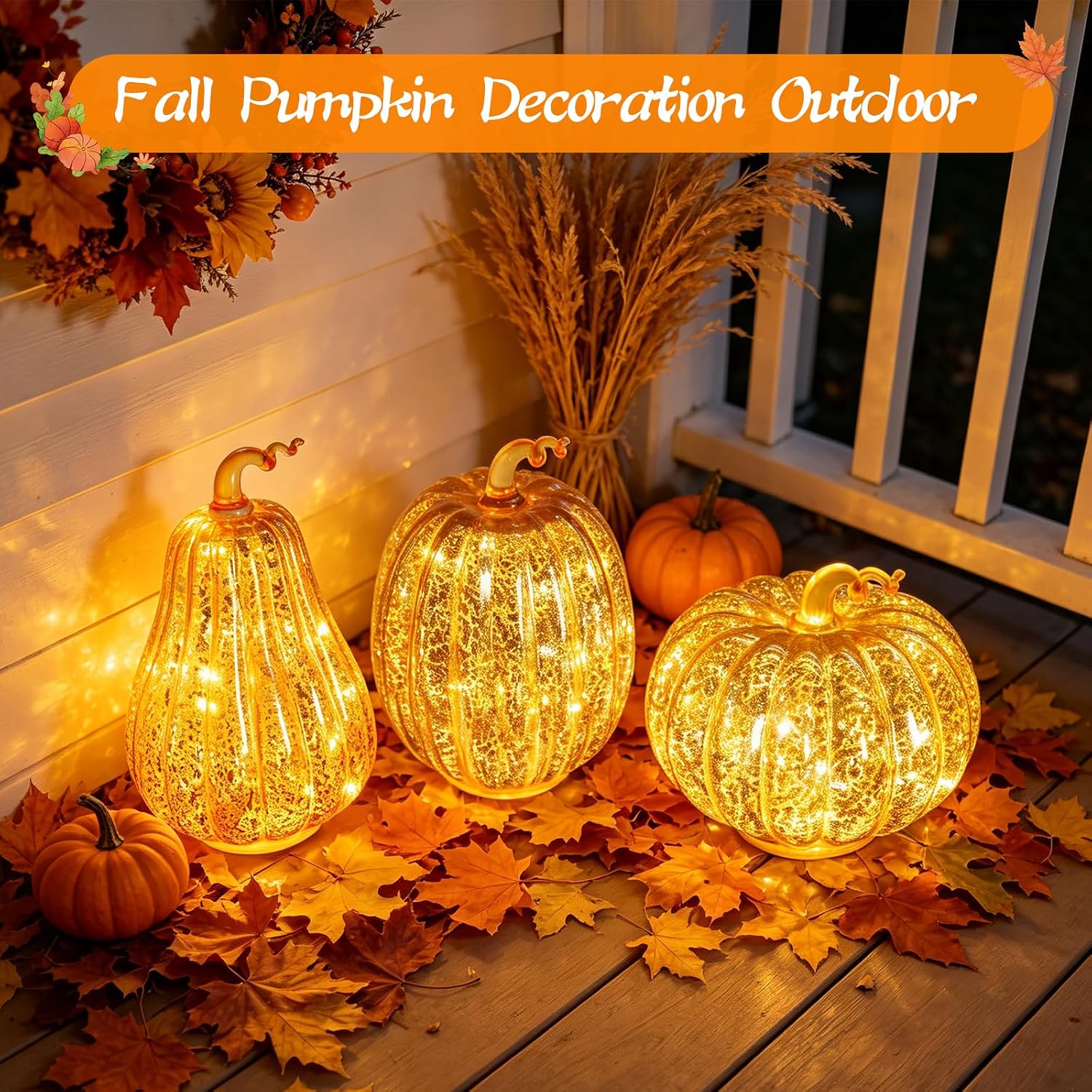 Glass Pumpkin Lights Set of 3, Timer Fall Halloween Table Lamps