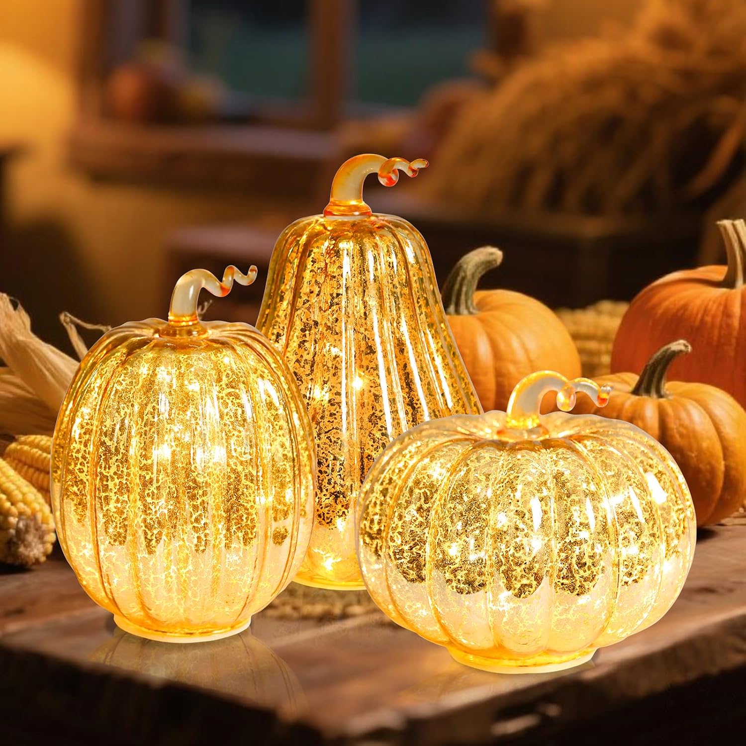 Glass Pumpkin Lights Set of 3, Timer Fall Halloween Table Lamps