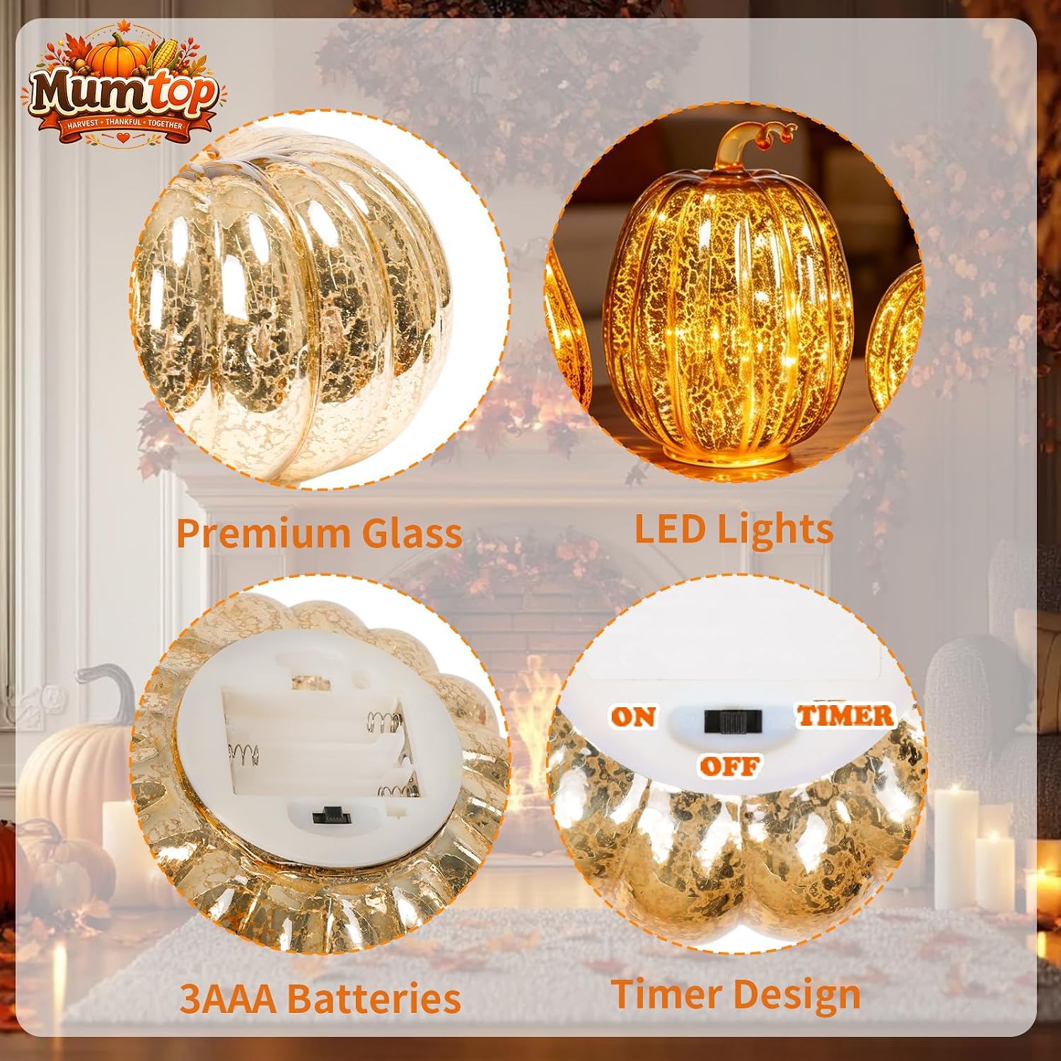 Glass Pumpkin Lights Set of 3, Timer Fall Halloween Table Lamps