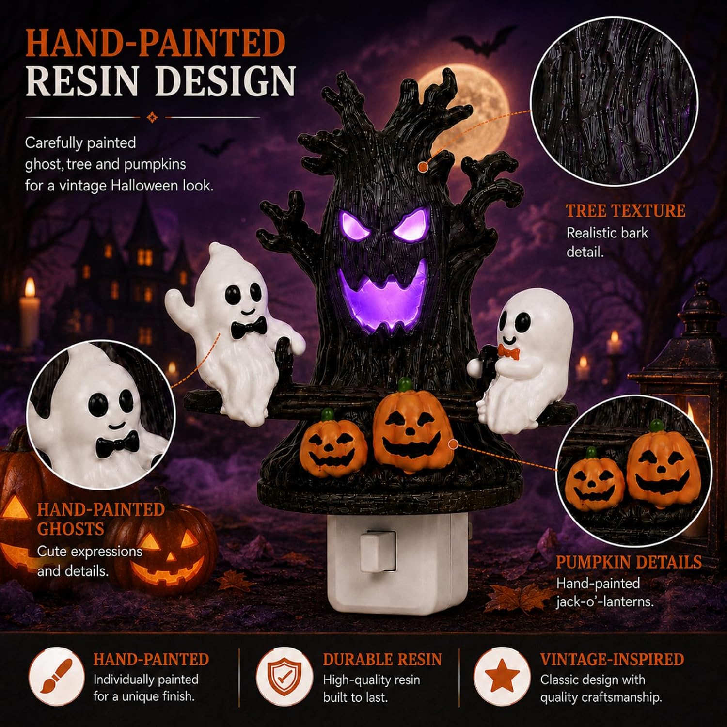Halloween Plug-In Night Light – Animated Seesaw Ghosts with Jack-o'-Lantern