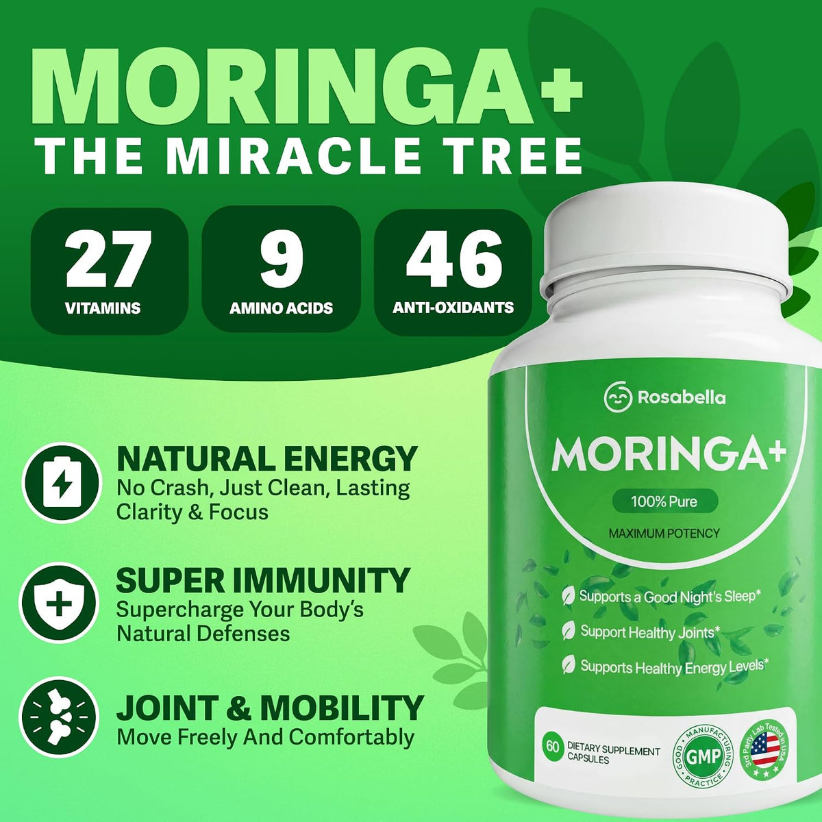 Moringa Capsules 850mg, Superfood Energy & Wellness, Vegan