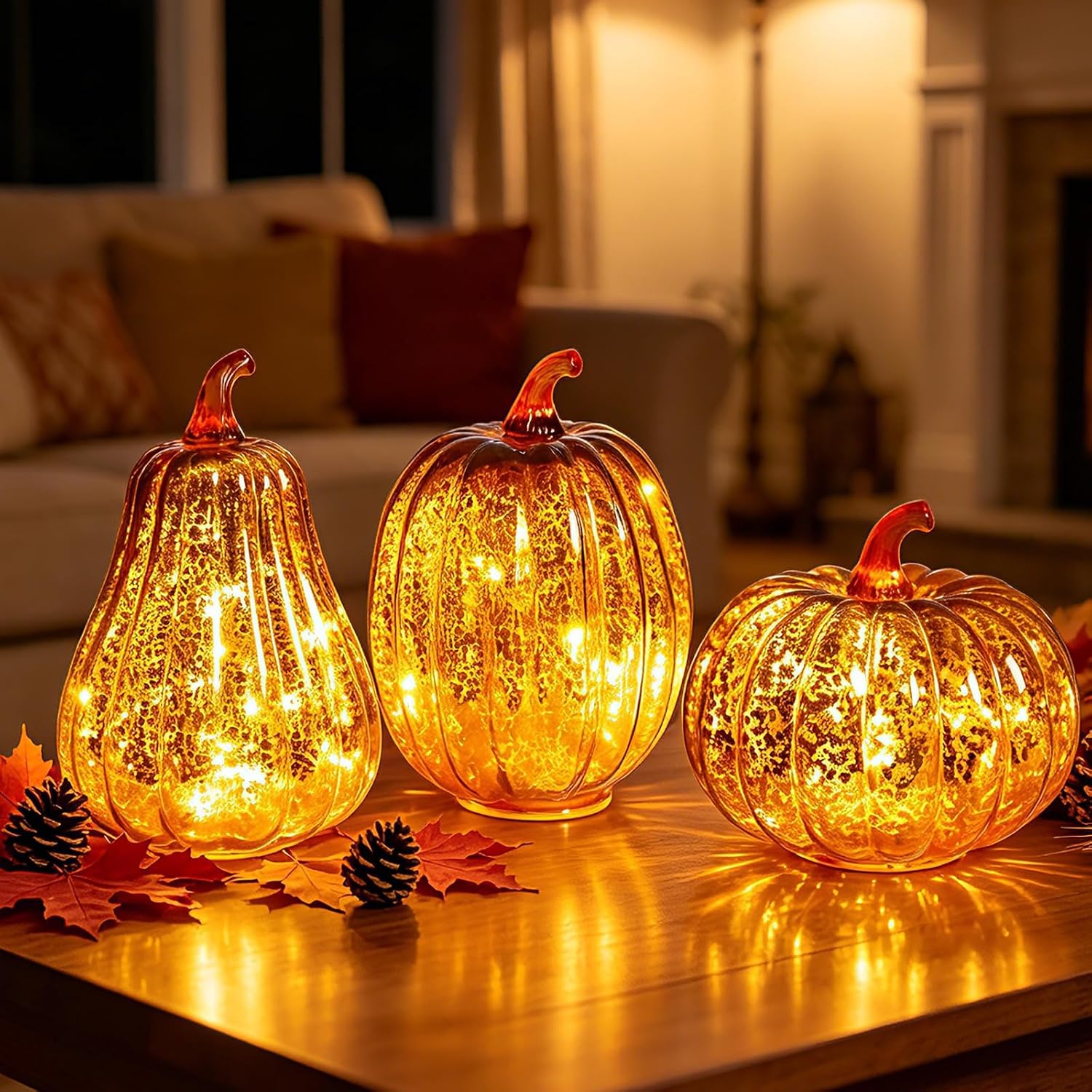 Glass Pumpkin Lights Set of 3, Timer Fall Halloween Table Lamps