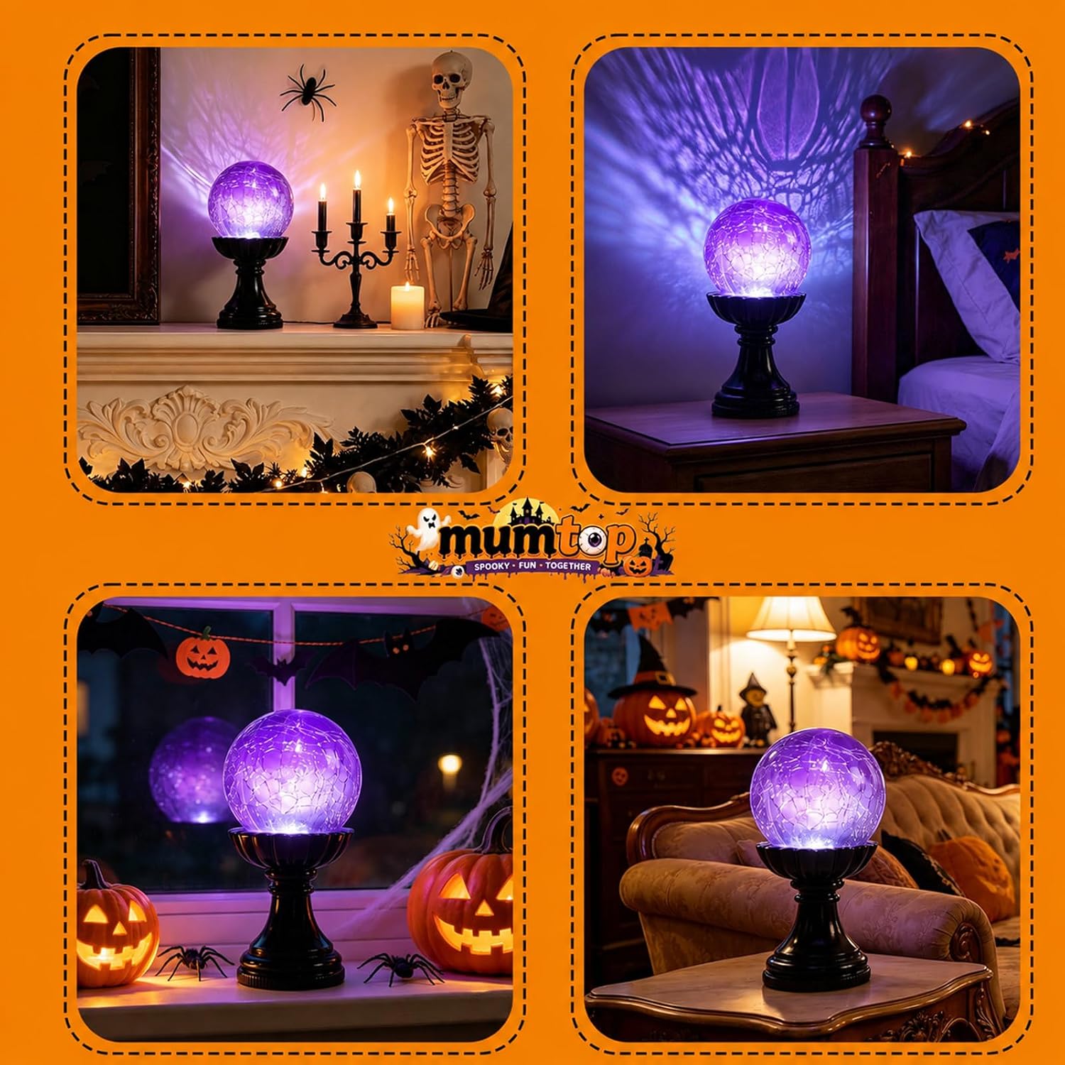 Halloween Crystal Ball Lamp, Purple LED Crackle Glass Globe