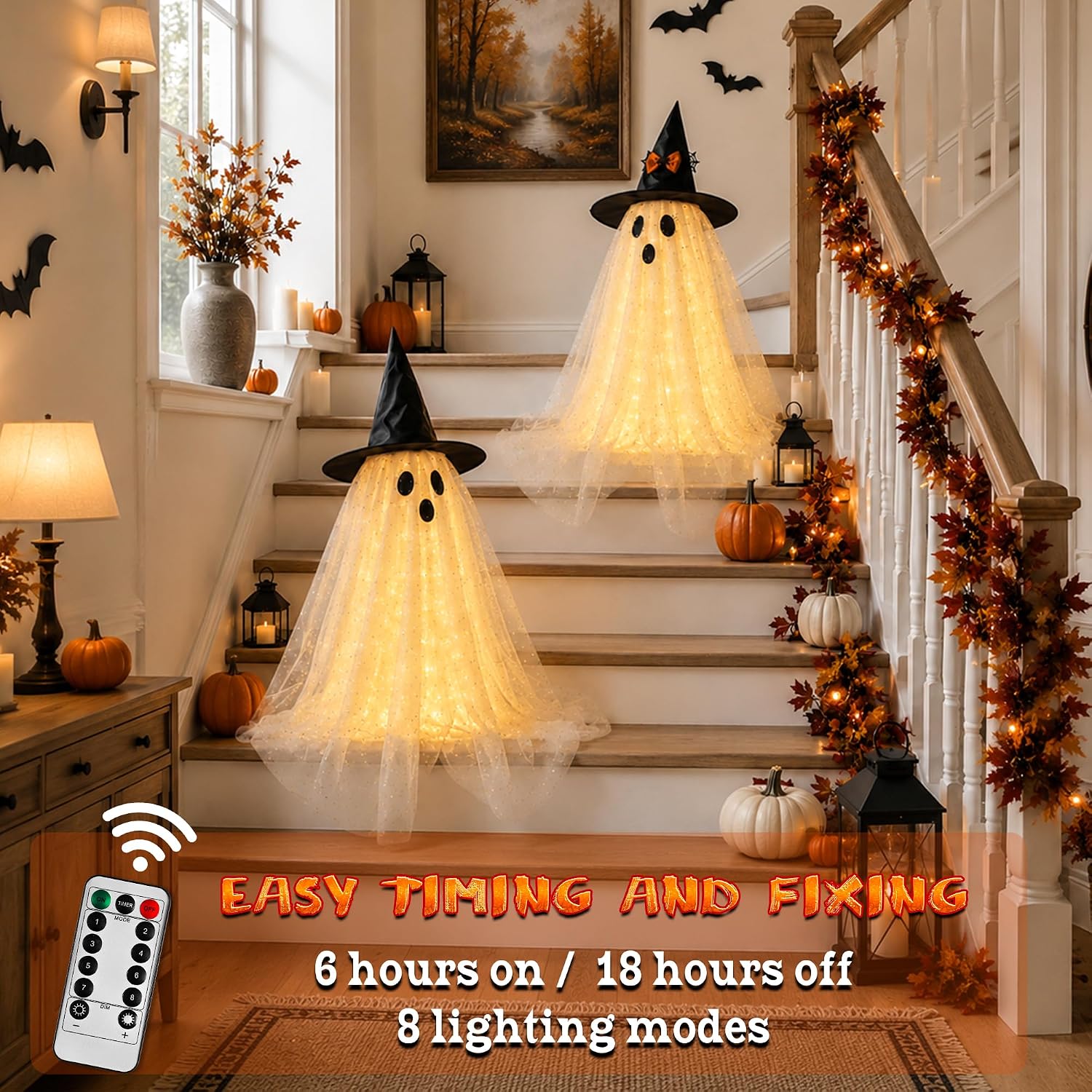 Halloween Ghost Decorations 2-Pack – Lighted Indoor Ghosts with Remote Control