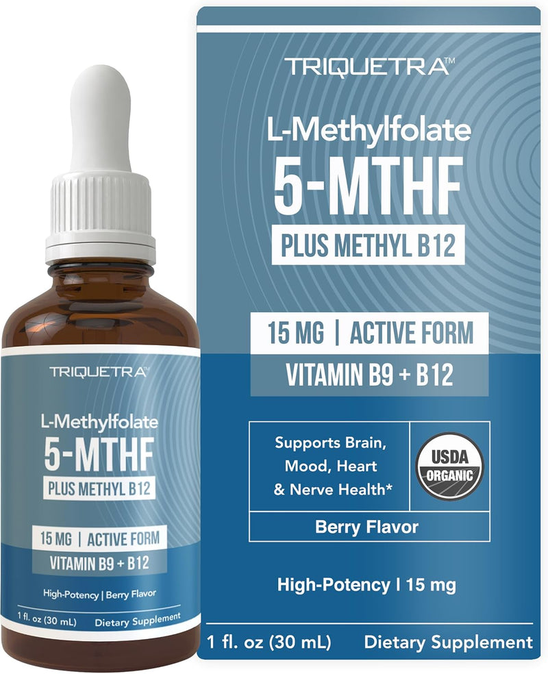 Bottle of L-methylfolate 15mg liquid drops with methyl B12, berry flavor