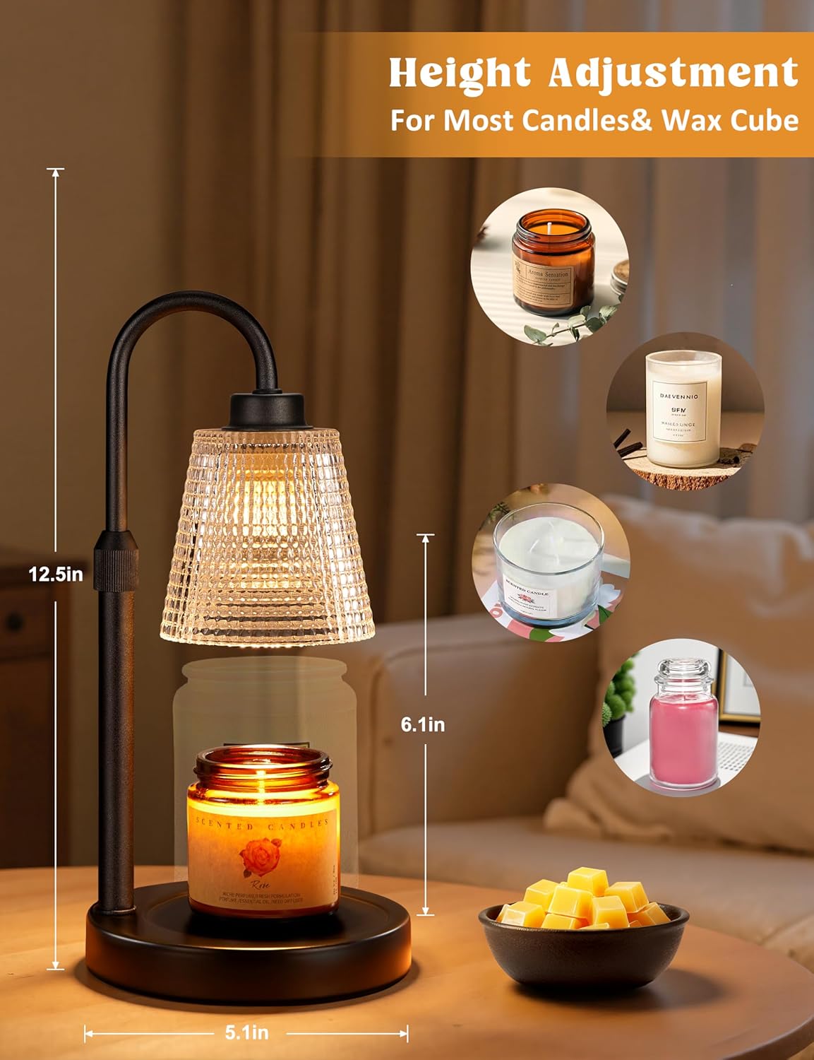 Dimmable Candle Warmer Lamp with Timer | Height Adjustable Flame-Free Wax Warmer, Matte Black