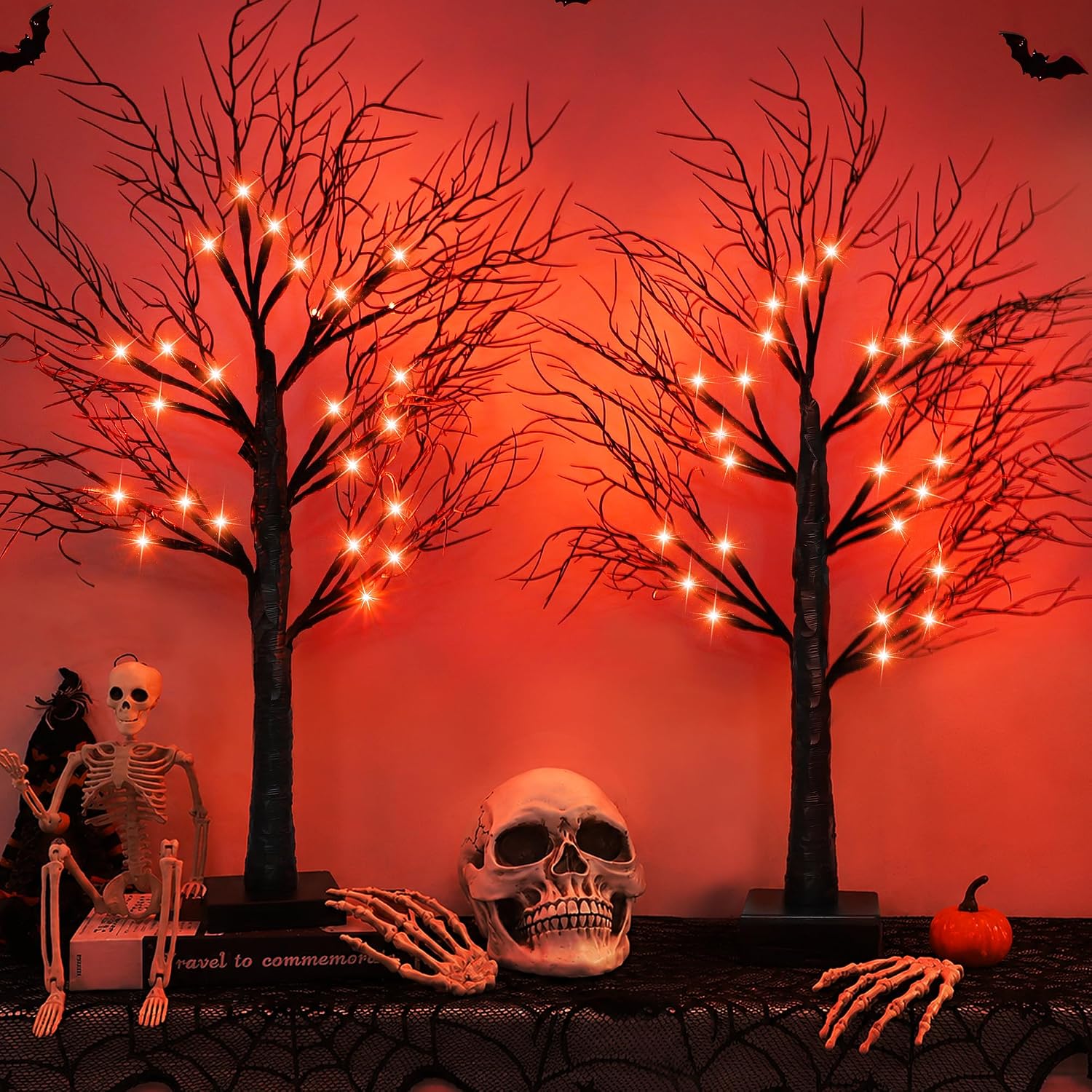 Light Up Halloween Trees Set of 2, LED Tabletop Spooky Decor