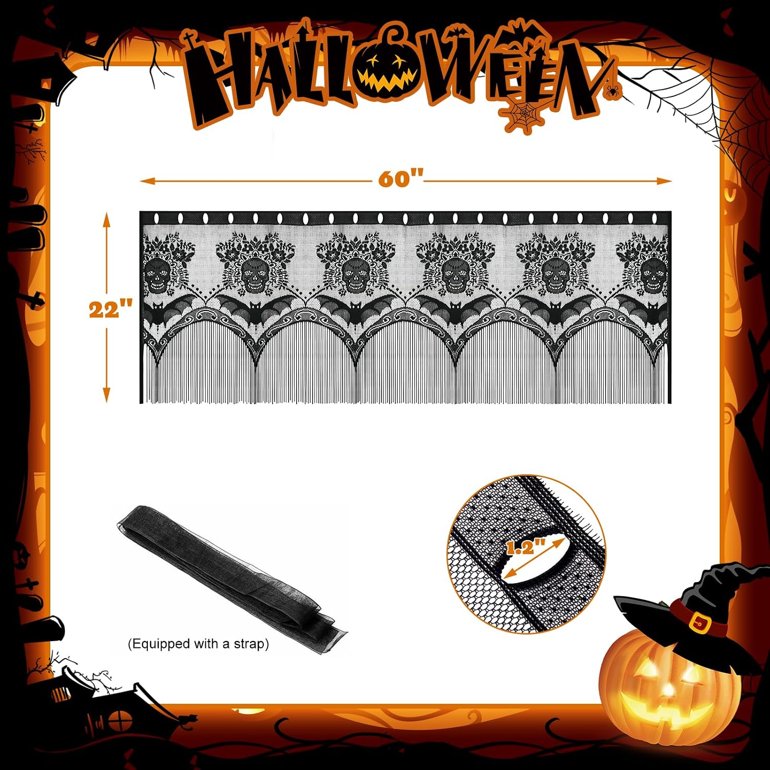 Halloween Skull & Bat Lampshade – Large 60" Black Linen Gothic Decor
