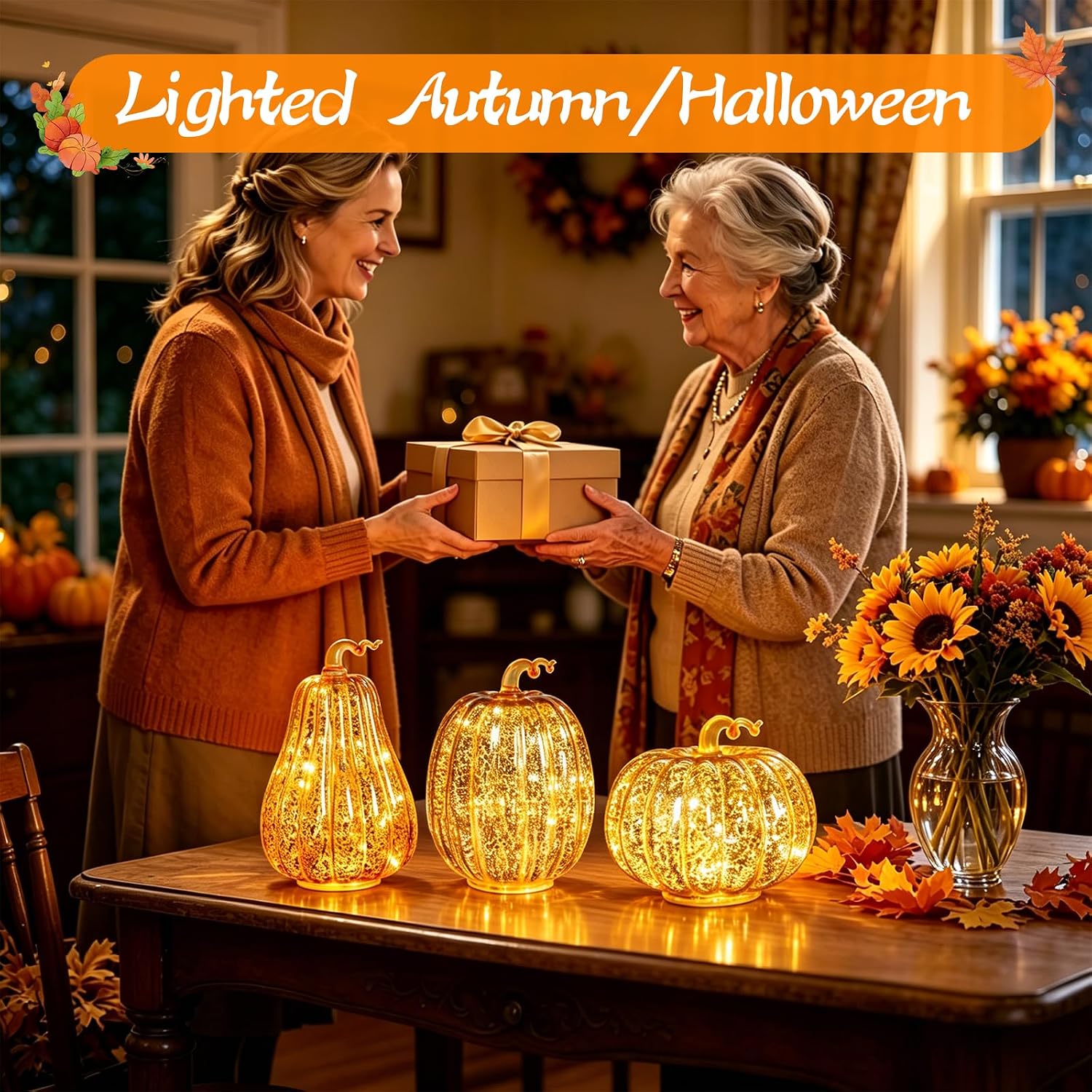 Glass Pumpkin Lights Set of 3, Timer Fall Halloween Table Lamps
