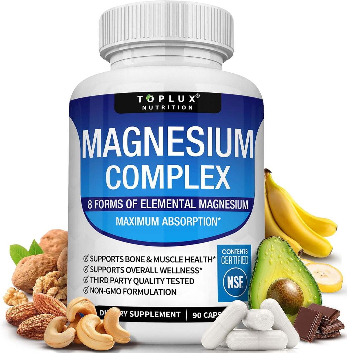 Bottle of 8-in-1 magnesium complex capsules for sleep and muscle support, 90 count