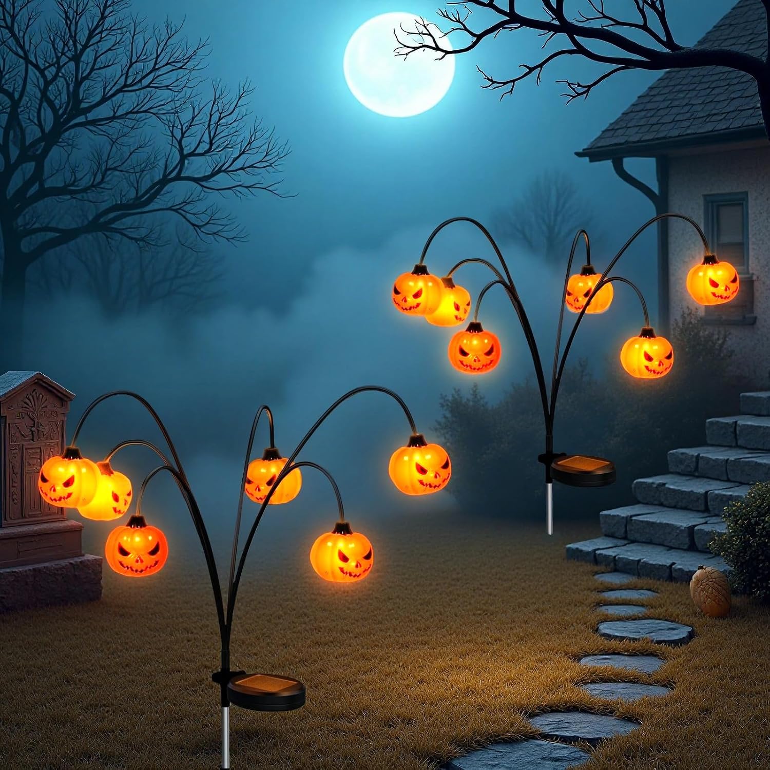 Solar-powered 3D pumpkin stake lights for outdoor Halloween yard decor