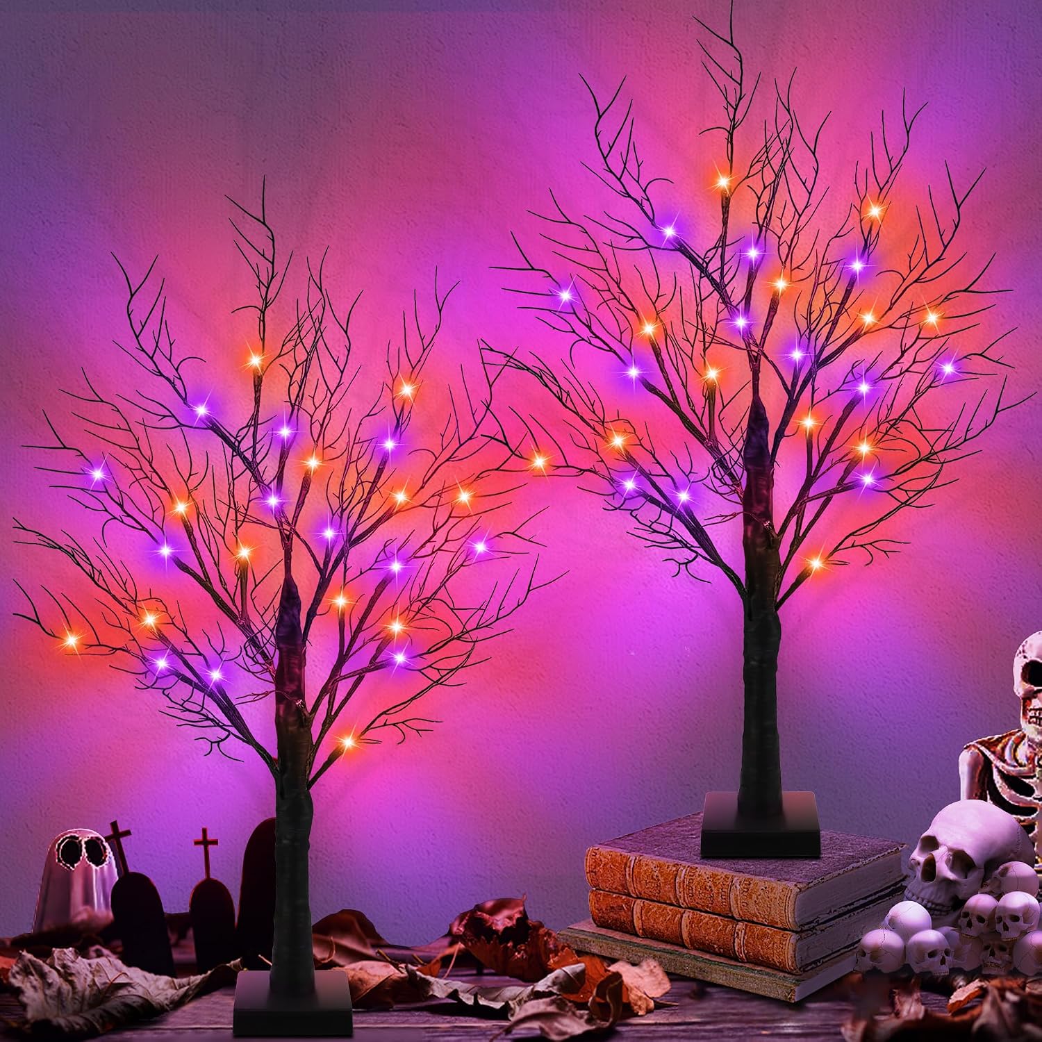 Light Up Halloween Trees Set of 2, LED Tabletop Spooky Decor