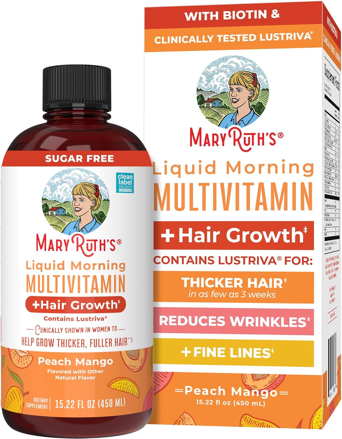 Bottle of liquid hair growth multivitamin for women with biotin, peach mango flavor