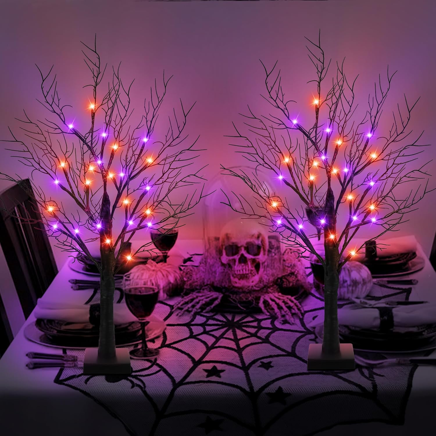 Light Up Halloween Trees Set of 2, LED Tabletop Spooky Decor