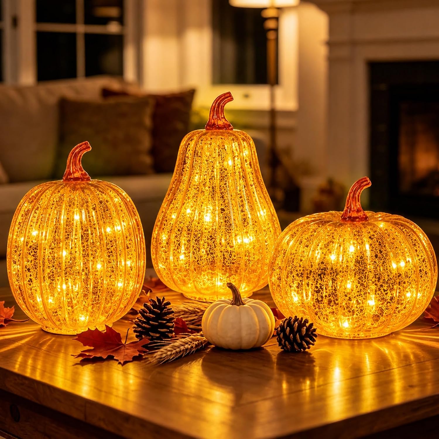 Glass Pumpkin Lights Set of 3, Timer Fall Halloween Table Lamps