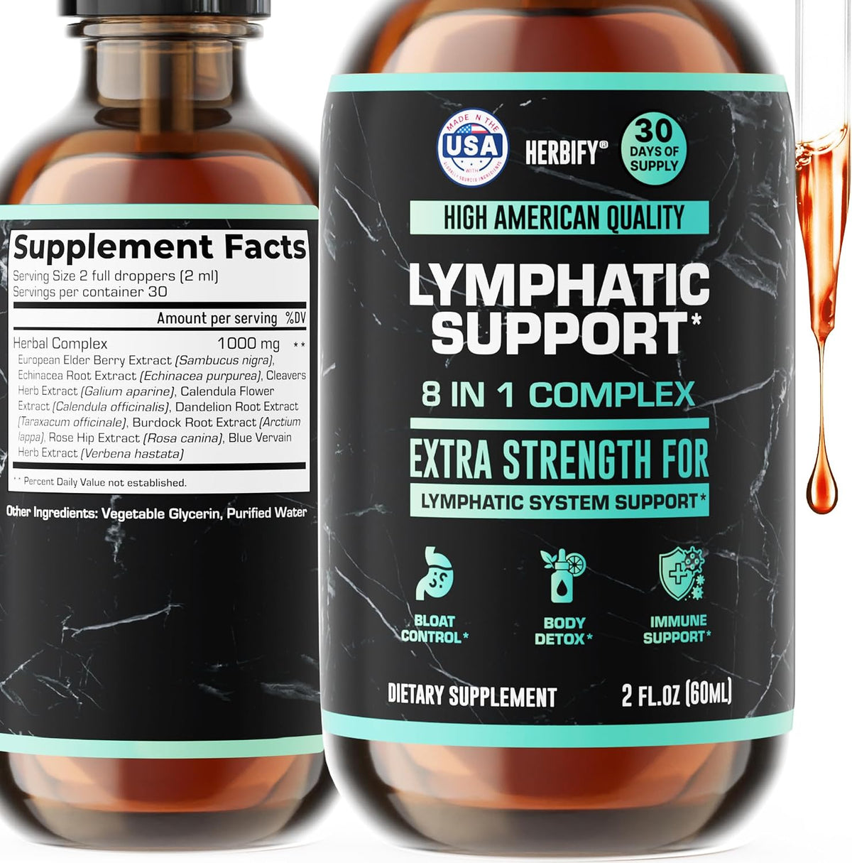 Bottle of herbal lymphatic support drops with elderberry and dandelion, 2 ounces