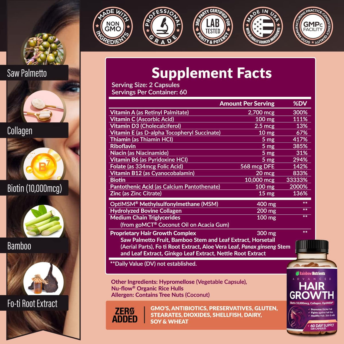 Hair Growth Vitamins for Women, Biotin 10000mcg & Collagen, 120ct