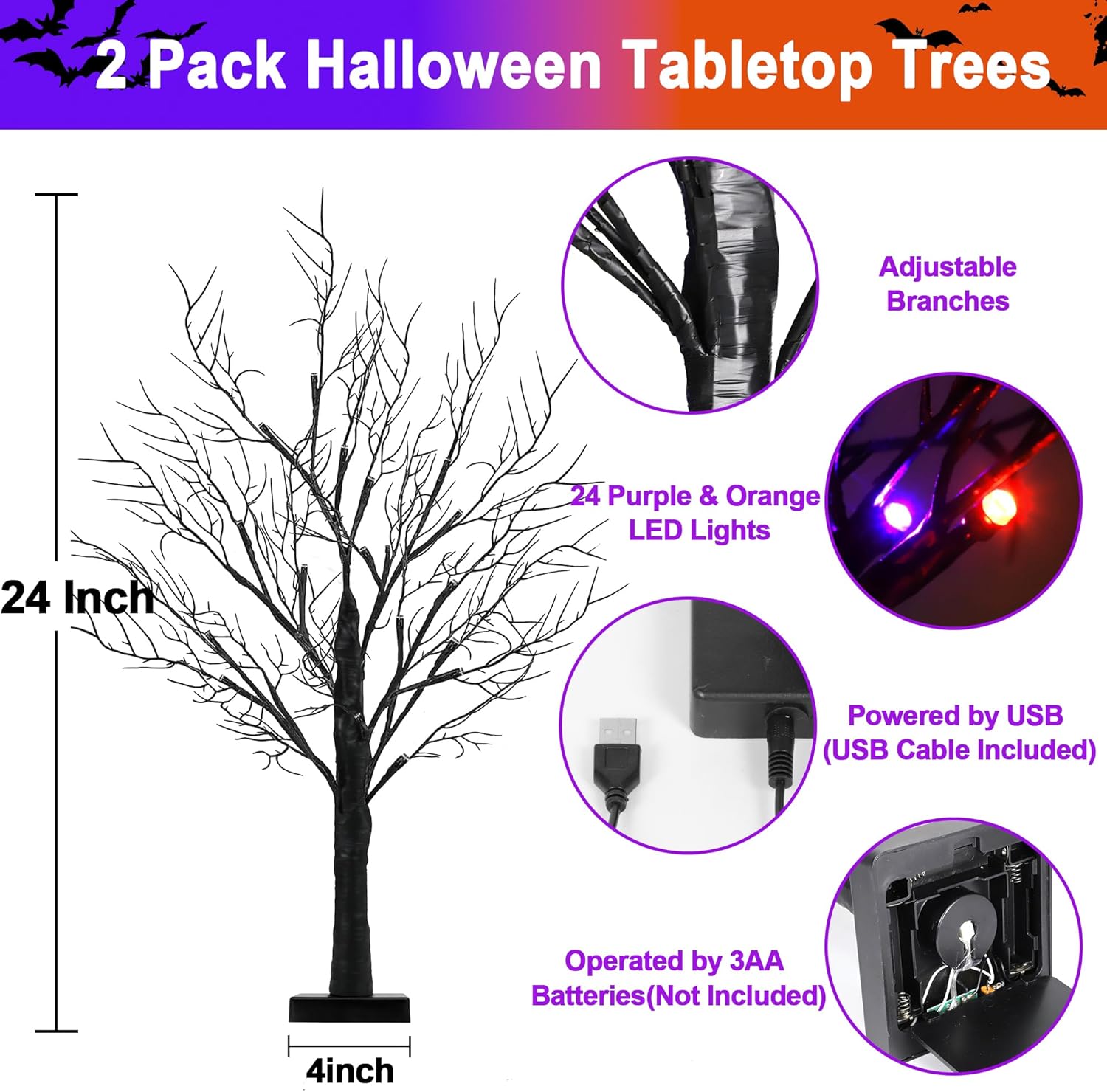 Light Up Halloween Trees Set of 2, LED Tabletop Spooky Decor