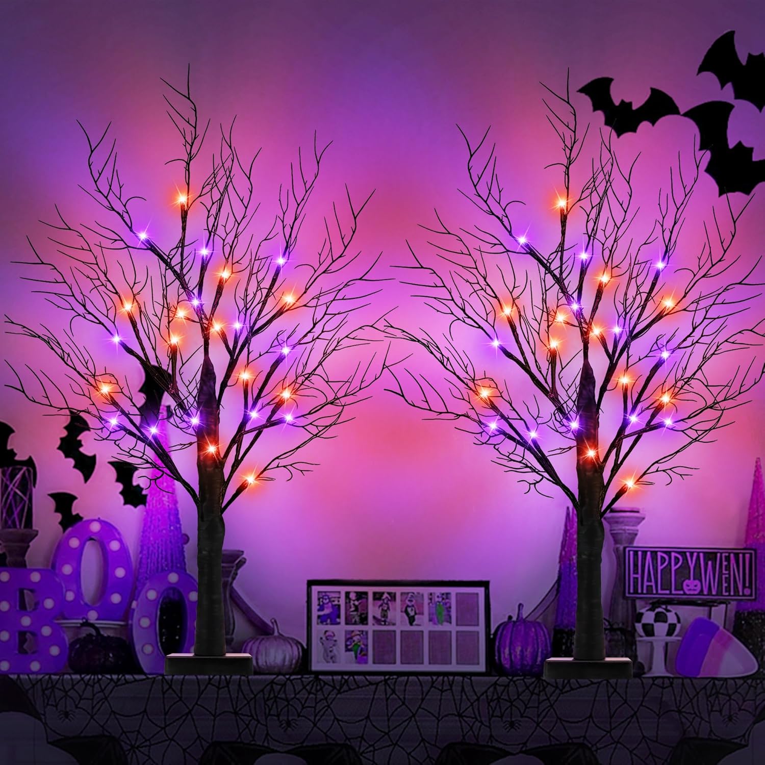 Light Up Halloween Trees Set of 2, LED Tabletop Spooky Decor