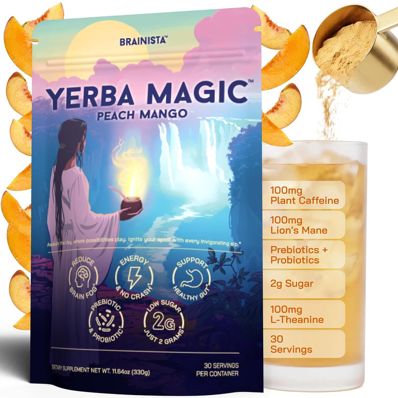 Container of yerba mate energy drink powder with lion's mane, peach mango flavor