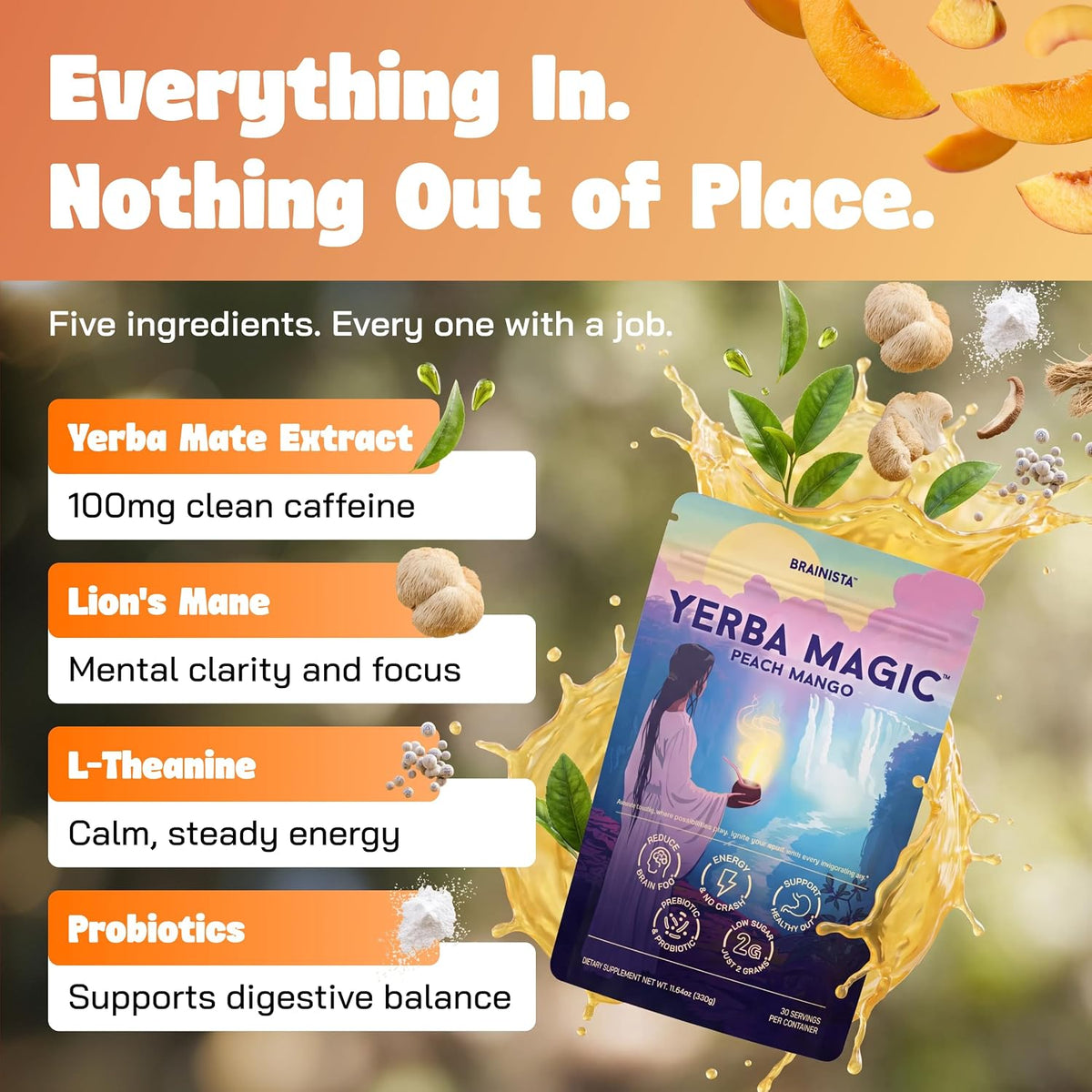 Yerba Mate Energy Drinks, Yerba Magic, Gut Health, Peach Mango, 30 Servings