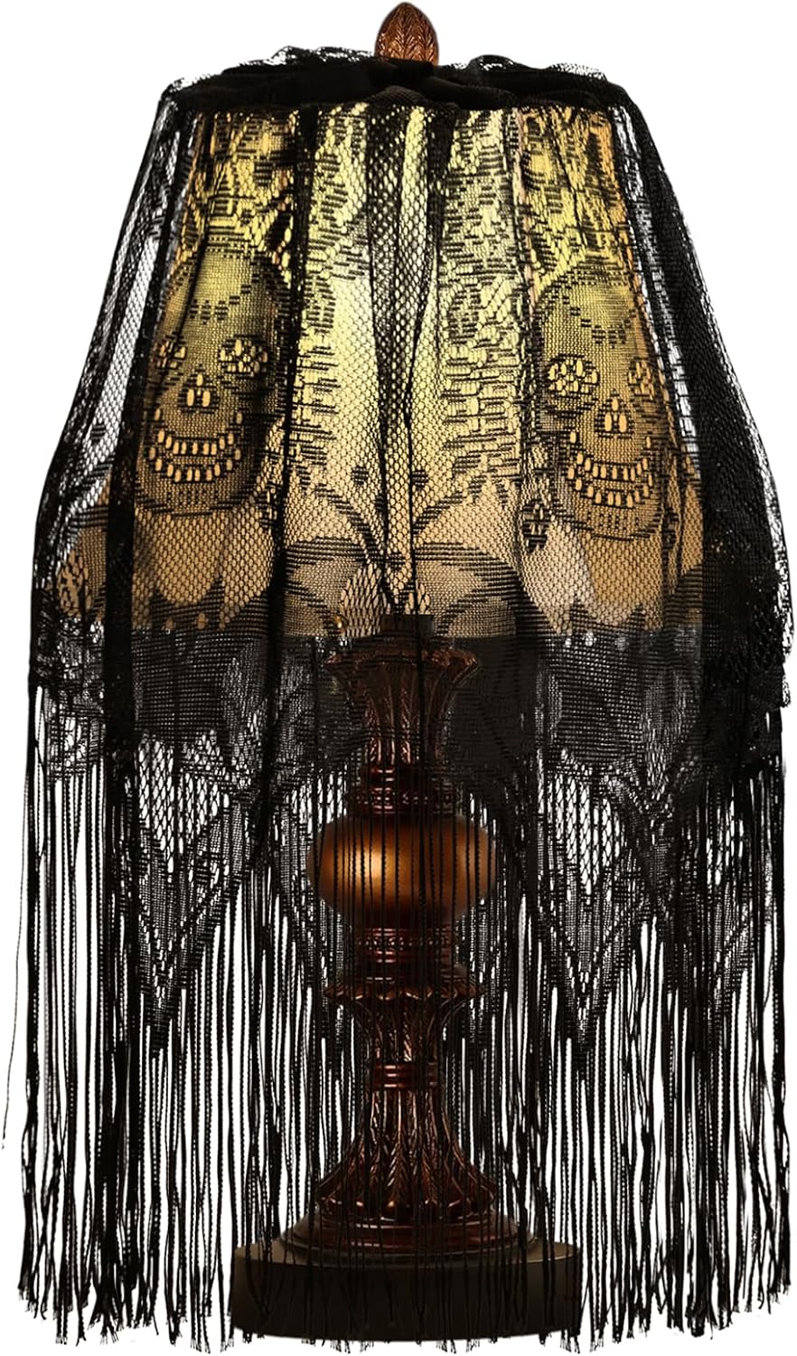 Large black Halloween lampshade with skull and bat pattern for gothic home decor