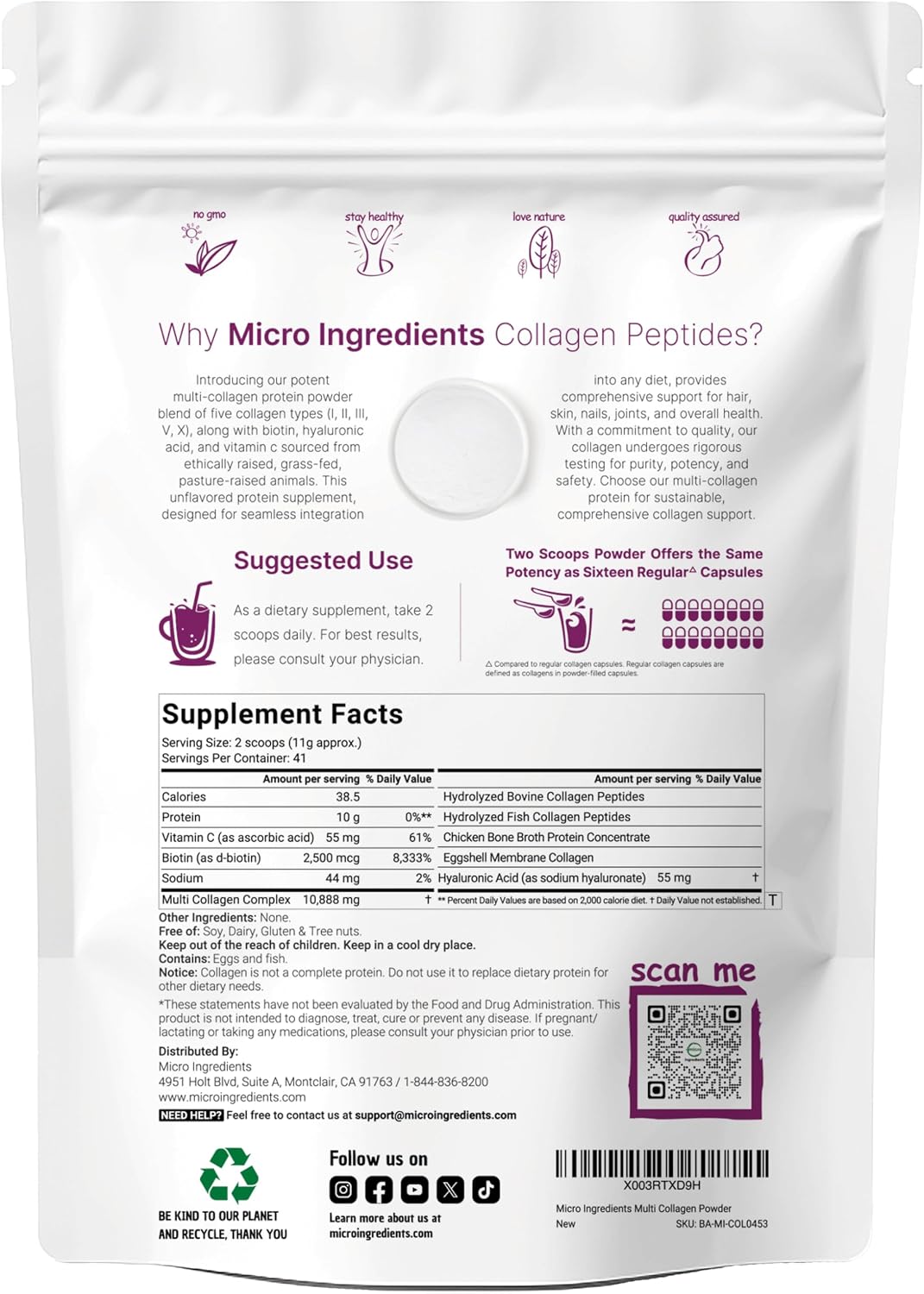 Multi Collagen Peptides Powder 8-in-1 with Hyaluronic Acid, 16oz