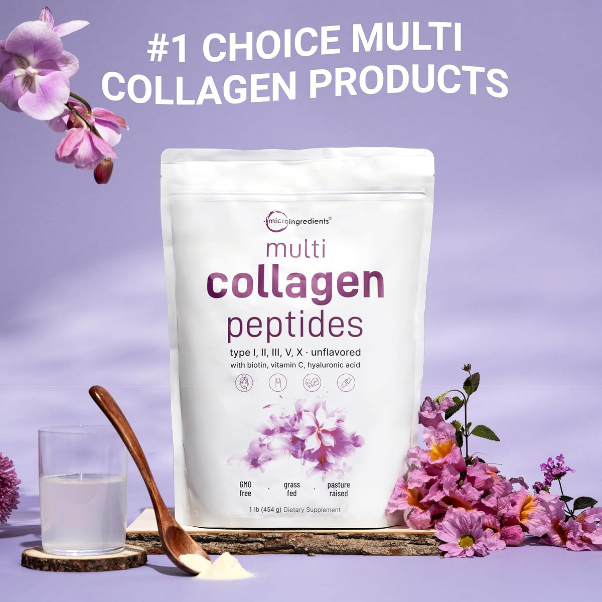 Multi Collagen Peptides Powder 8-in-1 with Hyaluronic Acid, 16oz