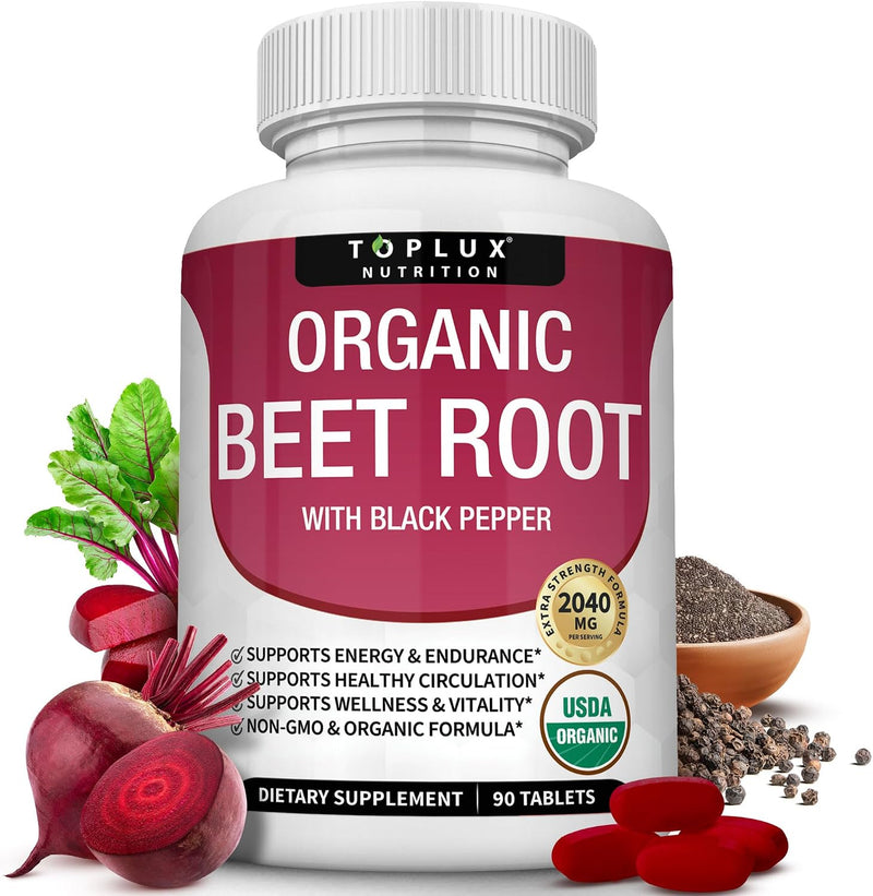 Bottle of beet root powder capsules for nitric oxide support, 90 count