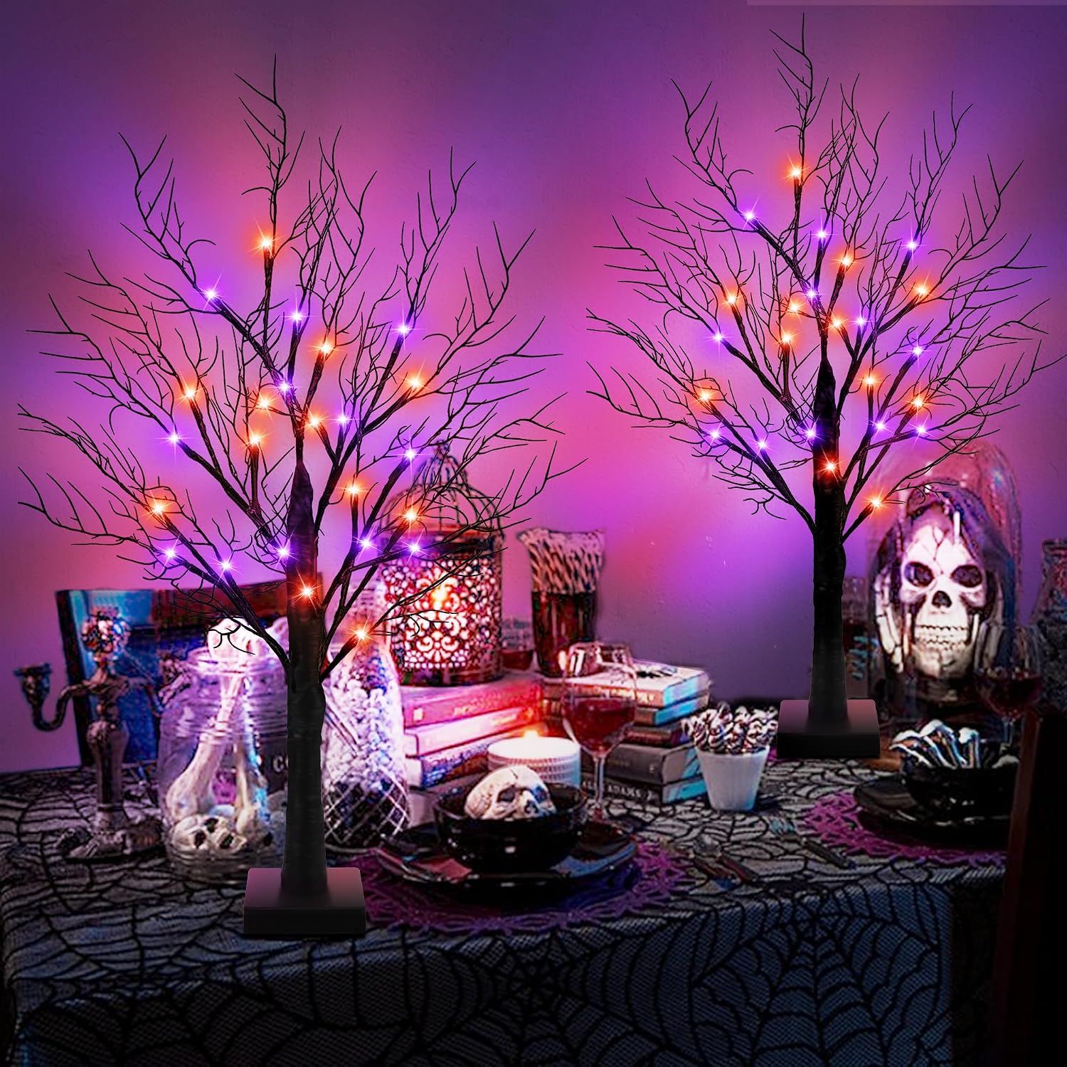 Light Up Halloween Trees Set of 2, LED Tabletop Spooky Decor