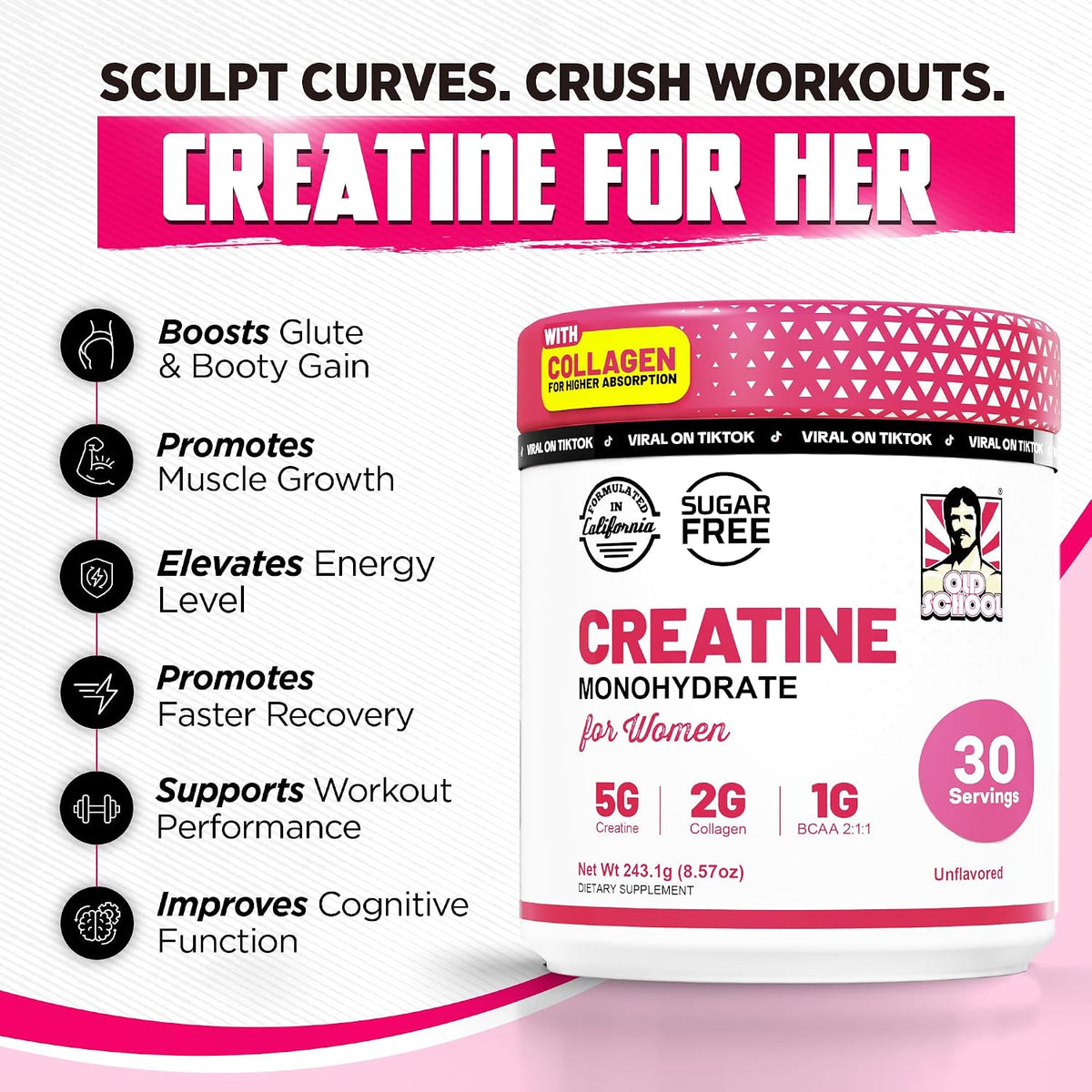 Creatine Monohydrate for Women with BCAA & Collagen, Unflavored